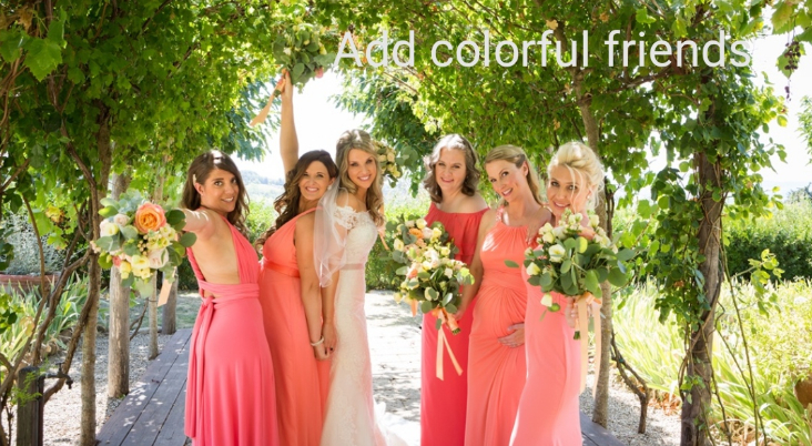 Colorful bridesmaids in peach for summer destination wedding in Tuscany
