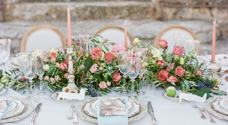 Tuscany fall wedding table setting in mauve and dusty blue