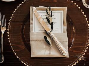 Wedding tablescape in Cortona villa, Tuscany - greenery garland in natural style and gold accents